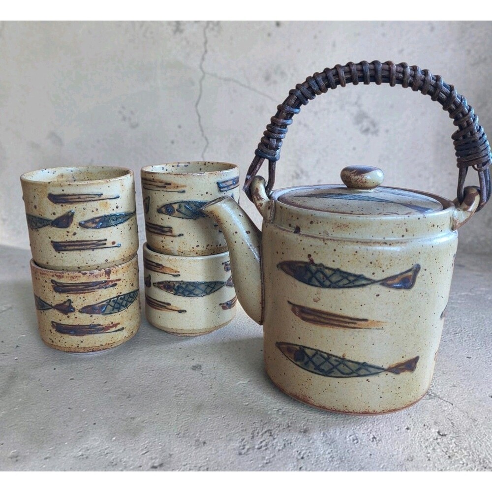 Vintage Stoneware Yunomi Tea Set With Rustic Etched Fish Art Design Tea Pot